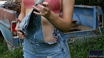 Big ass country MILF blonde Jenessa Dawn outdoor striptease fun