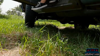Big ass country MILF blonde Jenessa Dawn outdoor striptease fun