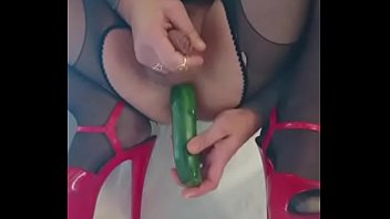 Alexiasissyslut having great fun drilling her slutty ass hard with a courgette and coming on her fake sissy big tits