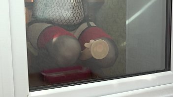 Slim milf masturbates outside the window. Juicy butt doggy style and foot fetish in stockings.