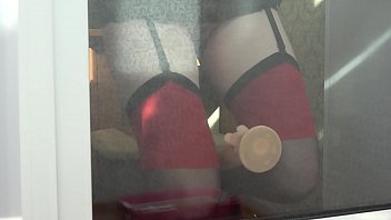 Slim milf masturbates outside the window. Juicy butt doggy style and foot fetish in stockings.