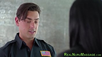 Nuru drenched busty milf masseuse gets banged