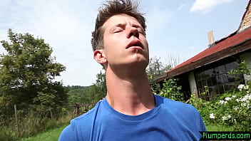 Busty bbw facesitting young guy outdoors