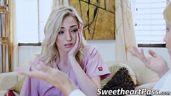 Young bimbo seduces busty lesbian doctor and licks her twat