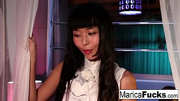 Pretty Asian pussy swallows up a giant black cock