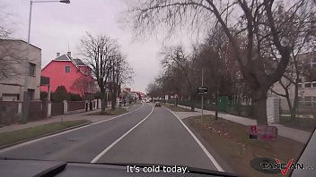 Nasty secretary convinced by handsome dude to fuck tight pussy in van