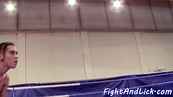 Lesbo babe fingering herself after wrestling