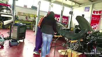 Two Young Seduce Big Tit German Milf to fuck in Workshop