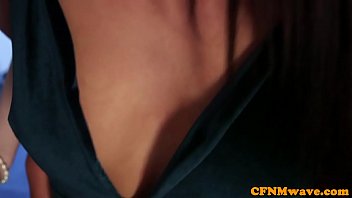 Busty british femdoms jerk subs cock in group