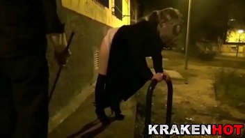 Strange BDSM video of a hot brunette showing her tits outdoor