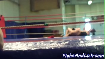 Pussylicking babes toying in a boxing ring