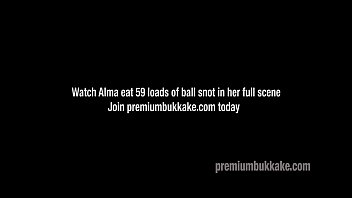 Premium Bukkake - Alma swallows 64 huge mouthful cum loads