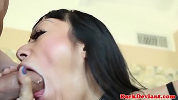 Busty asian sub throated before riding cock
