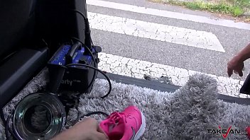 Busty running brunette convinced to come in van where fucked by horny stranger