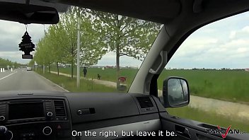 Busty running brunette convinced to come in van where fucked by horny stranger