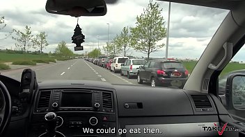 Busty running brunette convinced to come in van where fucked by horny stranger