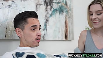 Sexy stepsisters Allie Addison and Maria Anjel discover their stepbrother&#039_s big cock and now they want to fuck in an intense threesome until they cum.