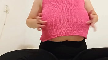 Cowgirl in pink top plays with big boobs - DepravedMinx