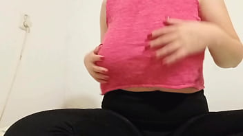 Cowgirl in pink top plays with big boobs - DepravedMinx