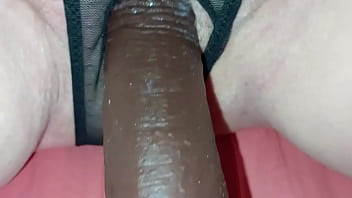 #27- 202309 61yo Slutwife blindfolded- fucking her with her favorite black cock dildo through her crotchless panties- see her Creamy Pussy