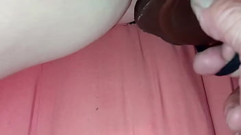 #27- 202309 61yo Slutwife blindfolded- fucking her with her favorite black cock dildo through her crotchless panties- see her Creamy Pussy