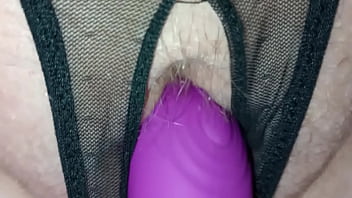 #27- 202309 61yo Slutwife blindfolded- fucking her with her favorite black cock dildo through her crotchless panties- see her Creamy Pussy