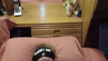 #27- 202309 61yo Slutwife blindfolded- fucking her with her favorite black cock dildo through her crotchless panties- see her Creamy Pussy