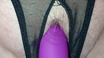 #27- 202309 61yo Slutwife blindfolded- fucking her with her favorite black cock dildo through her crotchless panties- see her Creamy Pussy