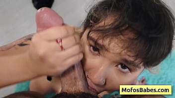 Natural busty asian slut Tomie Tang gives nice tug and suck huge fat white dick pov style