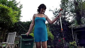 Wife watering and w.eeding the garden bending over showing upskirt and flashing her ass and shaved pussy to the neighbors.