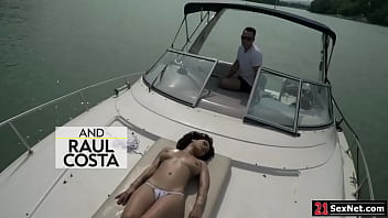 Busty girlfriend titfucking guy and having outdoor anal sex