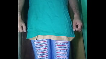 Indian Gay Crossdresser Gaurisissy in blue Salwar Suit pressing his boobs and fingering in his ass