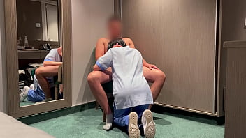 The young cleaning woman from the hotel room service enters the room and helps me finish cumming by giving me a blowjob