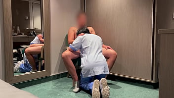 The young cleaning woman from the hotel room service enters the room and helps me finish cumming by giving me a blowjob