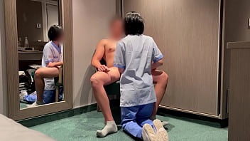 The young cleaning woman from the hotel room service enters the room and helps me finish cumming by giving me a blowjob