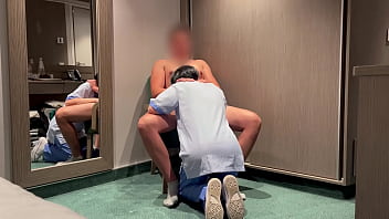The young cleaning woman from the hotel room service enters the room and helps me finish cumming by giving me a blowjob