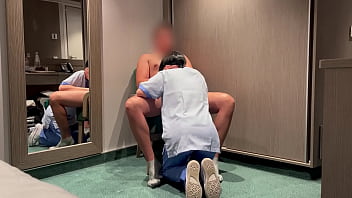 The young cleaning woman from the hotel room service enters the room and helps me finish cumming by giving me a blowjob