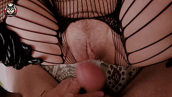 Slim MILF in fishnets. Pussy fuck close-up. Big load of cum on pussy!