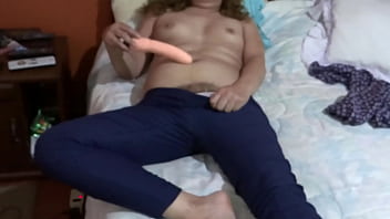 I receive a big cumshot on my hairy pussy while I enjoy my huge dildo