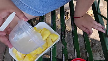I suck my man'_s ass, cock and balls, extract a lot of cum and eat it with pineapple in public