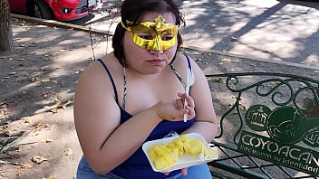 I suck my man'_s ass, cock and balls, extract a lot of cum and eat it with pineapple in public