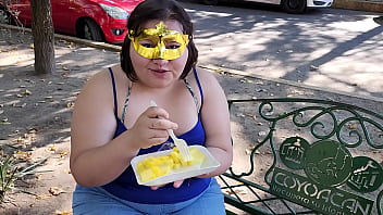 I suck my man&#039_s ass, cock and balls, extract a lot of cum and eat it with pineapple in public