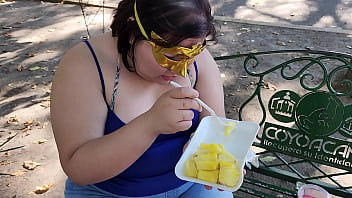 I suck my man'_s ass, cock and balls, extract a lot of cum and eat it with pineapple in public