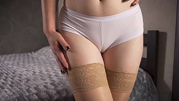 Milf In Nude Stockings Teases White Panty Cameltoe And Thigh Gap Close Up
