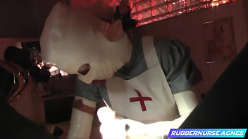 Rubbernurse Agnes - a sensual blowjob/handjob with a kinky latex nurse outfit and a special cock sucking mask - final analfisting with long white rubber gloves and a successful handjob event