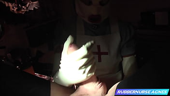 Rubbernurse Agnes - a sensual blowjob/handjob with a kinky latex nurse outfit and a special cock sucking mask - final analfisting with long white rubber gloves and a successful handjob event