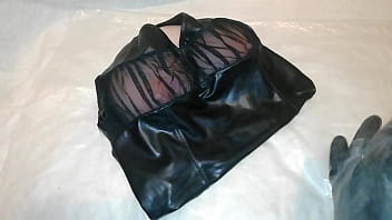 massage and double dildo penetration torso sex doll in latex gloves get orgasm