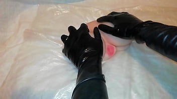 massage and double dildo penetration torso sex doll in latex gloves get orgasm