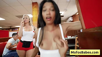 Busty blonde and ebony waitresses share cock in public diner - Elana Bunnz, Eden West, Derek Savage