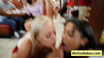 Busty blonde and ebony waitresses share cock in public diner - Elana Bunnz, Eden West, Derek Savage